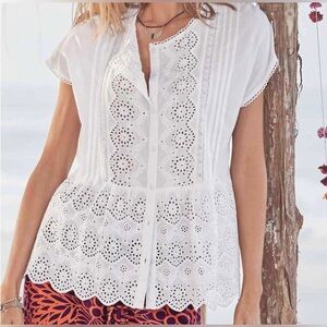 Sundance White Art of Eyelet Top 100% Cotton Lace Button Down Large Lightweight